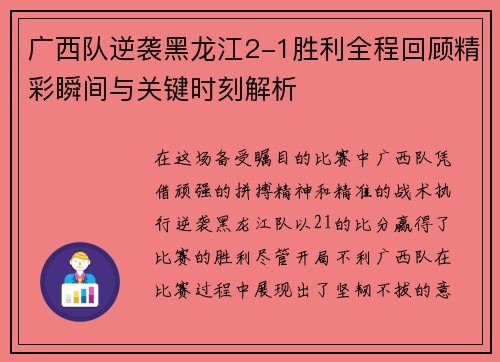 广西队逆袭黑龙江2-1胜利全程回顾精彩瞬间与关键时刻解析