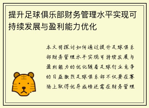 提升足球俱乐部财务管理水平实现可持续发展与盈利能力优化